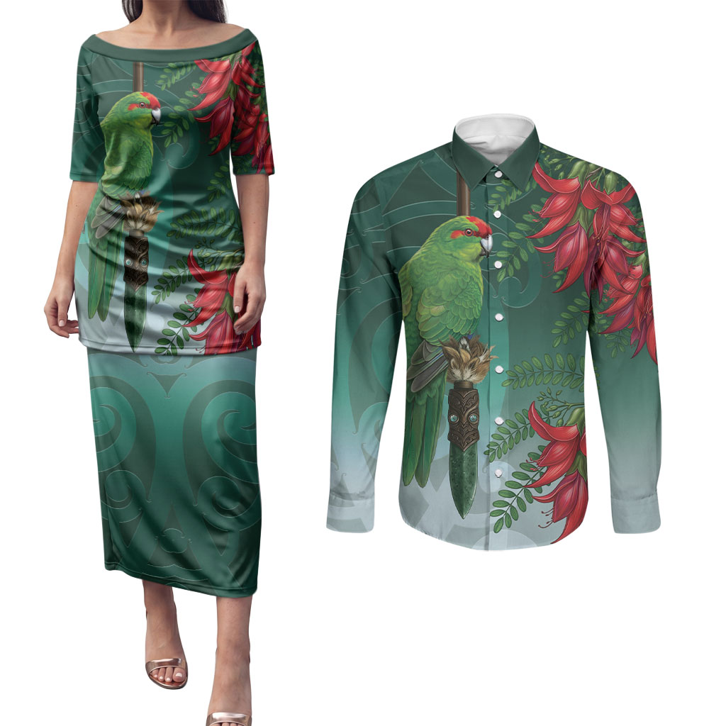 New Zealand Parakeet Bird Couples Matching Puletasi and Long Sleeve Button Shirt With Kakabeak Flowers