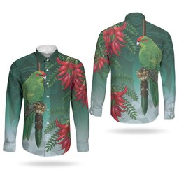 New Zealand Parakeet Bird Couples Matching Off Shoulder Short Dress and Long Sleeve Button Shirt With Kakabeak Flowers