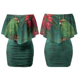 New Zealand Parakeet Bird Couples Matching Off Shoulder Short Dress and Long Sleeve Button Shirt With Kakabeak Flowers