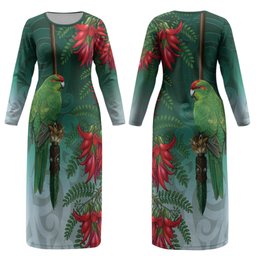 New Zealand Parakeet Bird Couples Matching Long Sleeve Bodycon Dress and Long Sleeve Button Shirt With Kakabeak Flowers