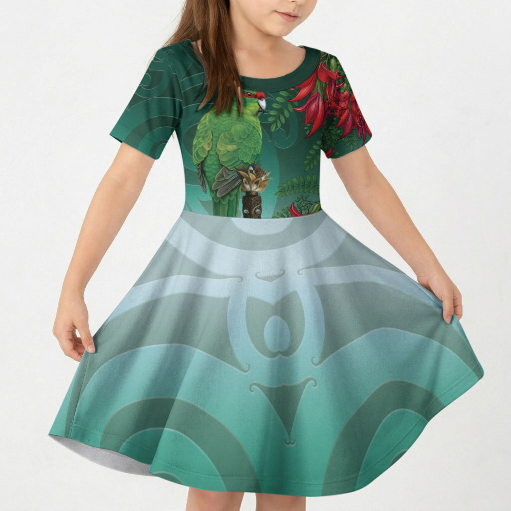New Zealand Parakeet Bird Kid Short Sleeve Dress With Kakabeak Flowers