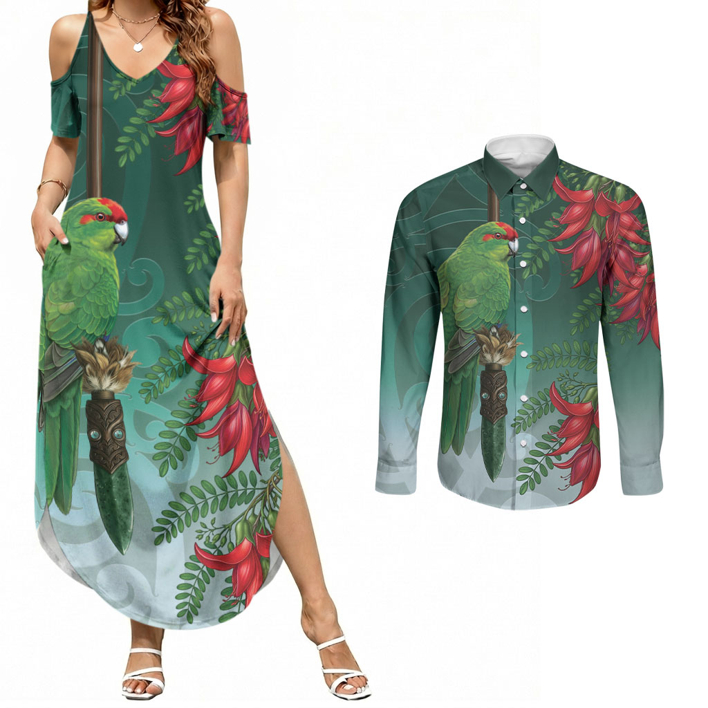 New Zealand Parakeet Bird Couples Matching Summer Maxi Dress and Long Sleeve Button Shirt With Kakabeak Flowers