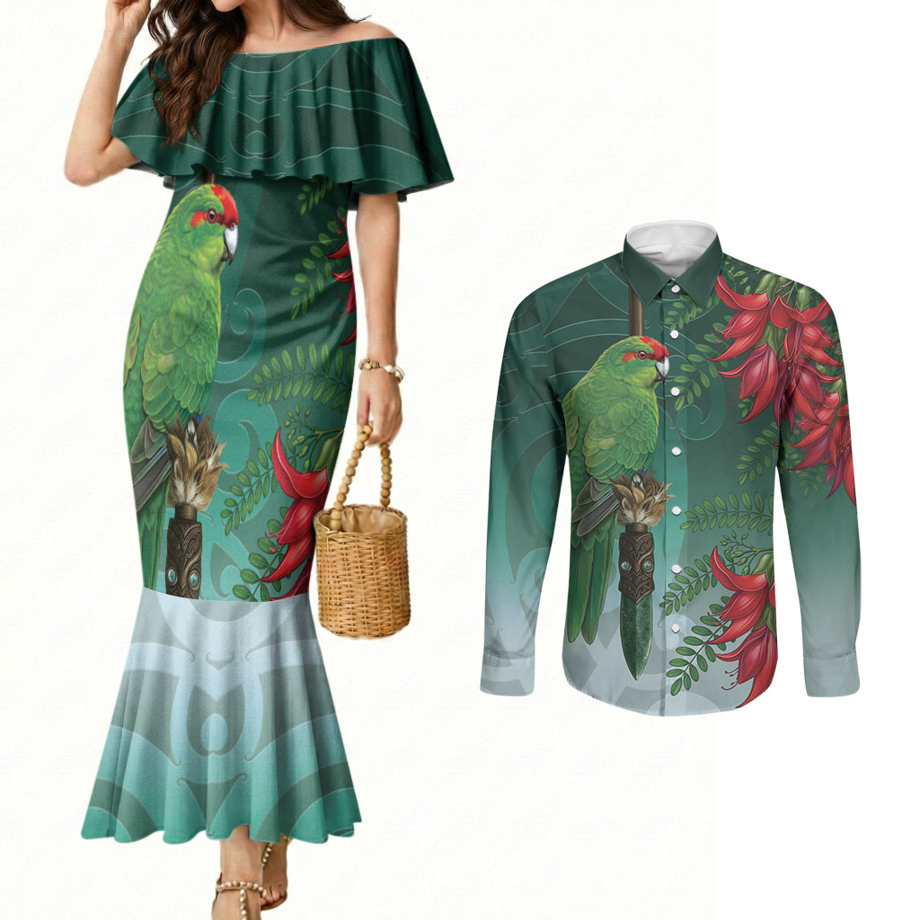 New Zealand Parakeet Bird Couples Matching Mermaid Dress and Long Sleeve Button Shirt With Kakabeak Flowers