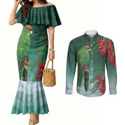 New Zealand Parakeet Bird Couples Matching Mermaid Dress and Long Sleeve Button Shirt With Kakabeak Flowers