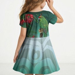 New Zealand Parakeet Bird Kid Short Sleeve Dress With Kakabeak Flowers