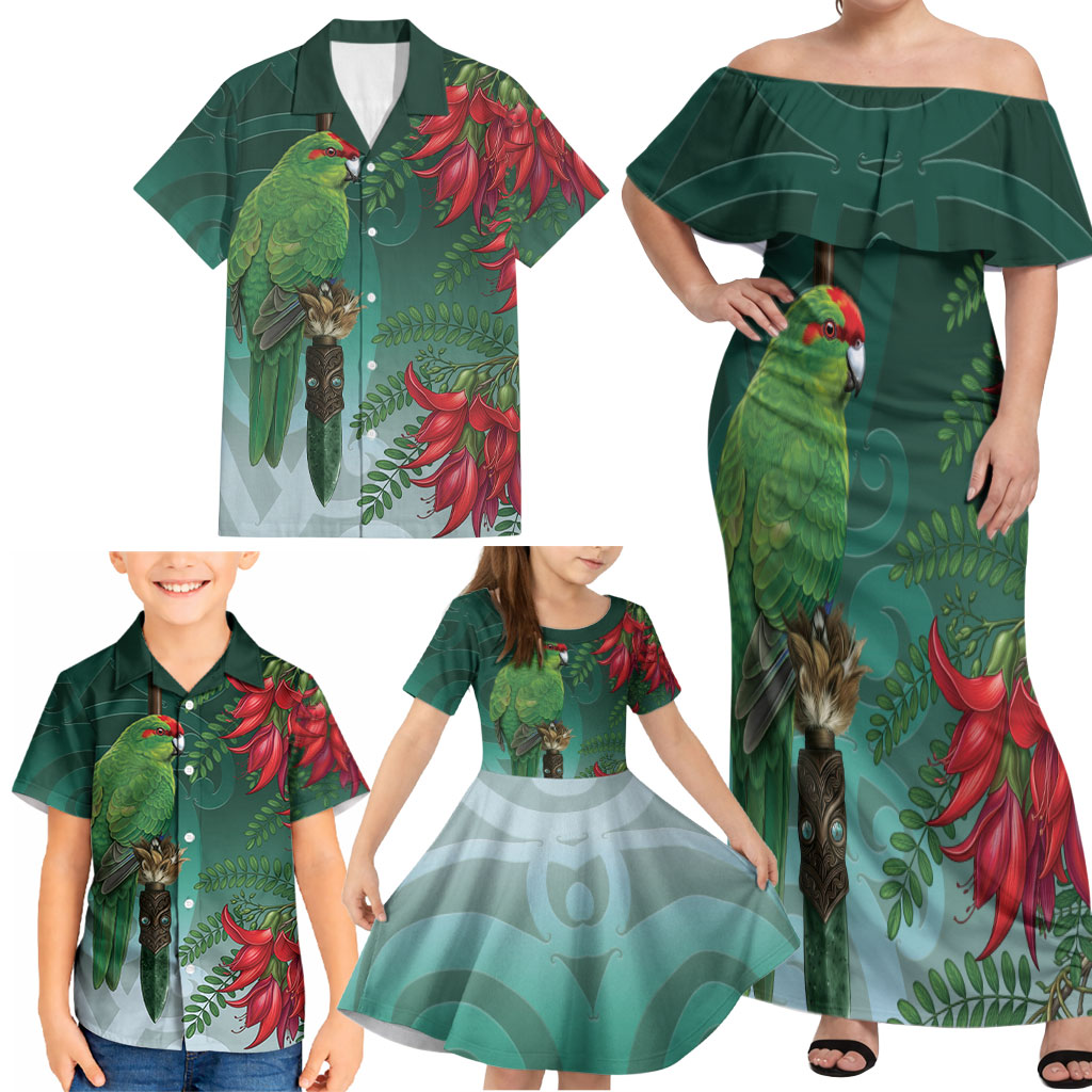 New Zealand Parakeet Bird Family Matching Off Shoulder Maxi Dress and Hawaiian Shirt With Kakabeak Flowers