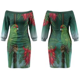 New Zealand Parakeet Bird Family Matching Off The Shoulder Long Sleeve Dress and Hawaiian Shirt With Kakabeak Flowers