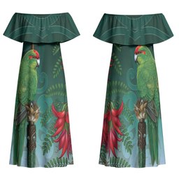 New Zealand Parakeet Bird Family Matching Off Shoulder Maxi Dress and Hawaiian Shirt With Kakabeak Flowers