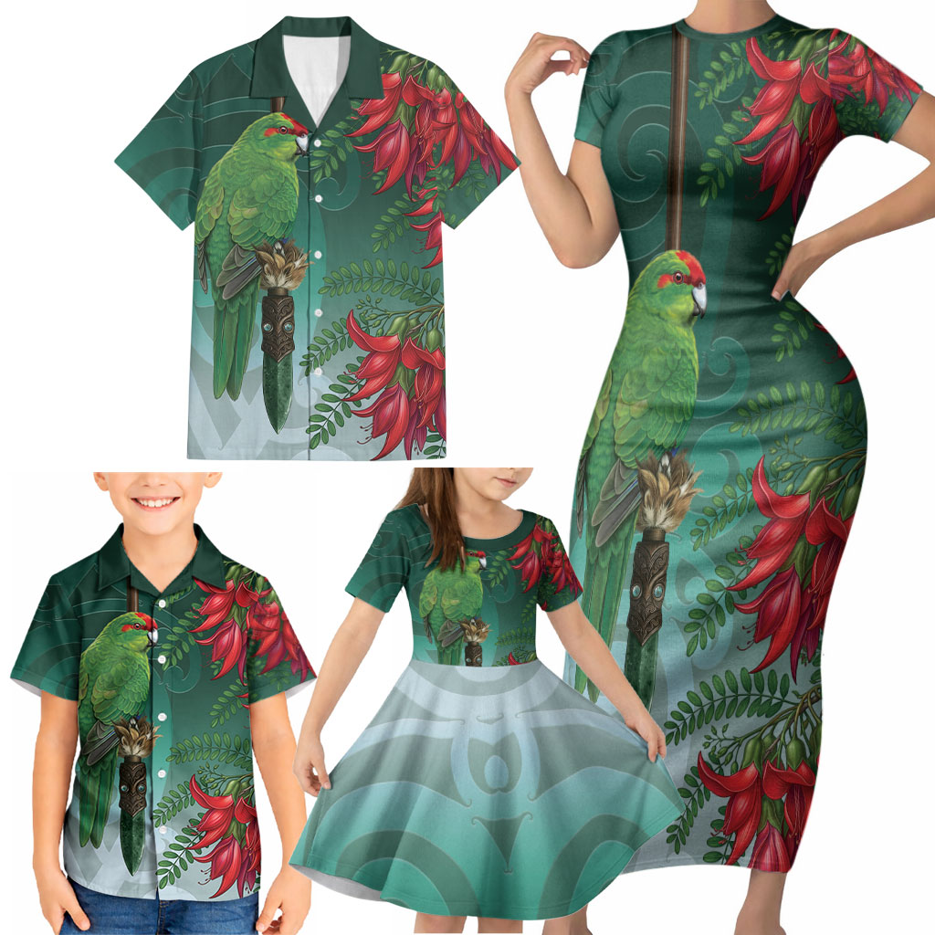 New Zealand Parakeet Bird Family Matching Short Sleeve Bodycon Dress and Hawaiian Shirt With Kakabeak Flowers