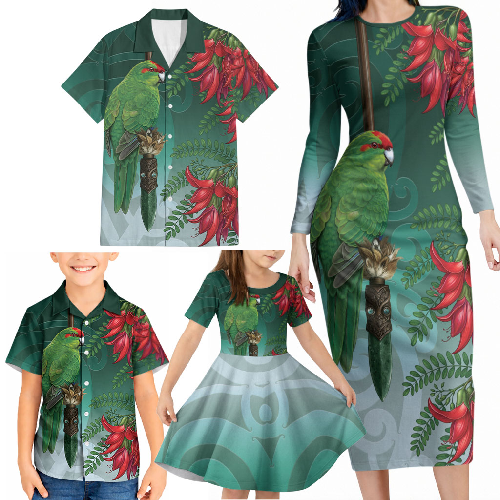 New Zealand Parakeet Bird Family Matching Long Sleeve Bodycon Dress and Hawaiian Shirt With Kakabeak Flowers