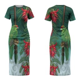 New Zealand Parakeet Bird Family Matching Short Sleeve Bodycon Dress and Hawaiian Shirt With Kakabeak Flowers