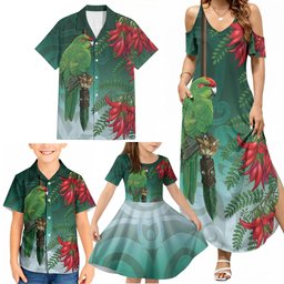 New Zealand Parakeet Bird Family Matching Summer Maxi Dress and Hawaiian Shirt With Kakabeak Flowers