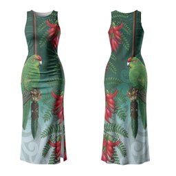 New Zealand Parakeet Bird Family Matching Tank Maxi Dress and Hawaiian Shirt With Kakabeak Flowers