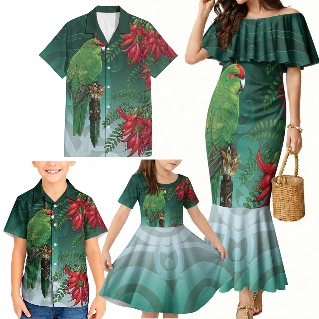 New Zealand Parakeet Bird Family Matching Mermaid Dress and Hawaiian Shirt With Kakabeak Flowers