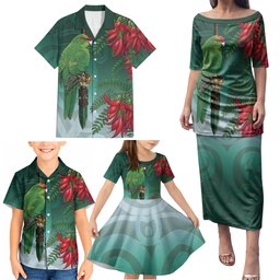 New Zealand Parakeet Bird Family Matching Puletasi and Hawaiian Shirt With Kakabeak Flowers