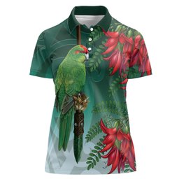 New Zealand Parakeet Bird Women Polo Shirt With Kakabeak Flowers