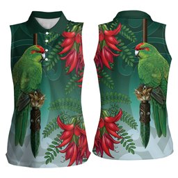 New Zealand Parakeet Bird Women Sleeveless Polo Shirt With Kakabeak Flowers