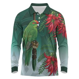 New Zealand Parakeet Bird Long Sleeve Polo Shirt With Kakabeak Flowers