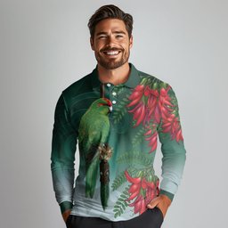 New Zealand Parakeet Bird Long Sleeve Polo Shirt With Kakabeak Flowers