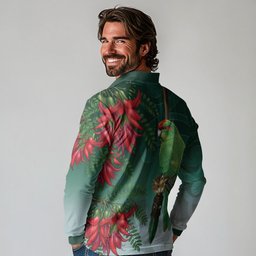 New Zealand Parakeet Bird Long Sleeve Polo Shirt With Kakabeak Flowers