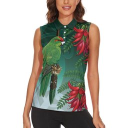 New Zealand Parakeet Bird Women Sleeveless Polo Shirt With Kakabeak Flowers