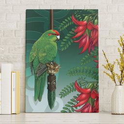 New Zealand Parakeet Bird Canvas Wall Art With Kakabeak Flowers