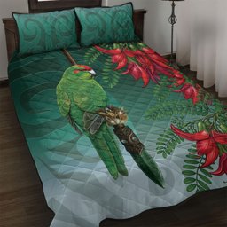 New Zealand Parakeet Bird Quilt Bed Set With Kakabeak Flowers