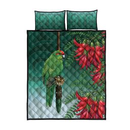 New Zealand Parakeet Bird Quilt Bed Set With Kakabeak Flowers
