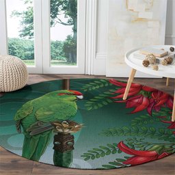 New Zealand Parakeet Bird Round Carpet With Kakabeak Flowers