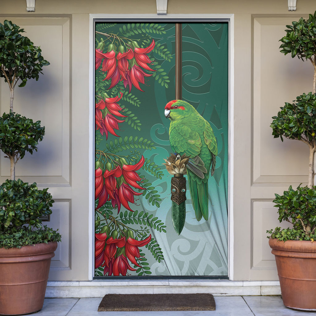 New Zealand Parakeet Bird Door Cover With Kakabeak Flowers