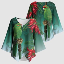 New Zealand Parakeet Bird Kimono Sleeve Blouse With Kakabeak Flowers