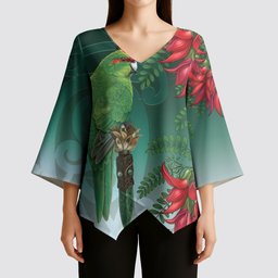 New Zealand Parakeet Bird Kimono Sleeve Blouse With Kakabeak Flowers
