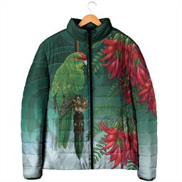 New Zealand Parakeet Bird Padded Jacket With Kakabeak Flowers