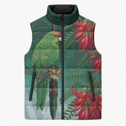New Zealand Parakeet Bird Sleeveless Puffer Jacket With Kakabeak Flowers