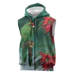 New Zealand Parakeet Bird Sleeveless Zip Hoodie With Kakabeak Flowers