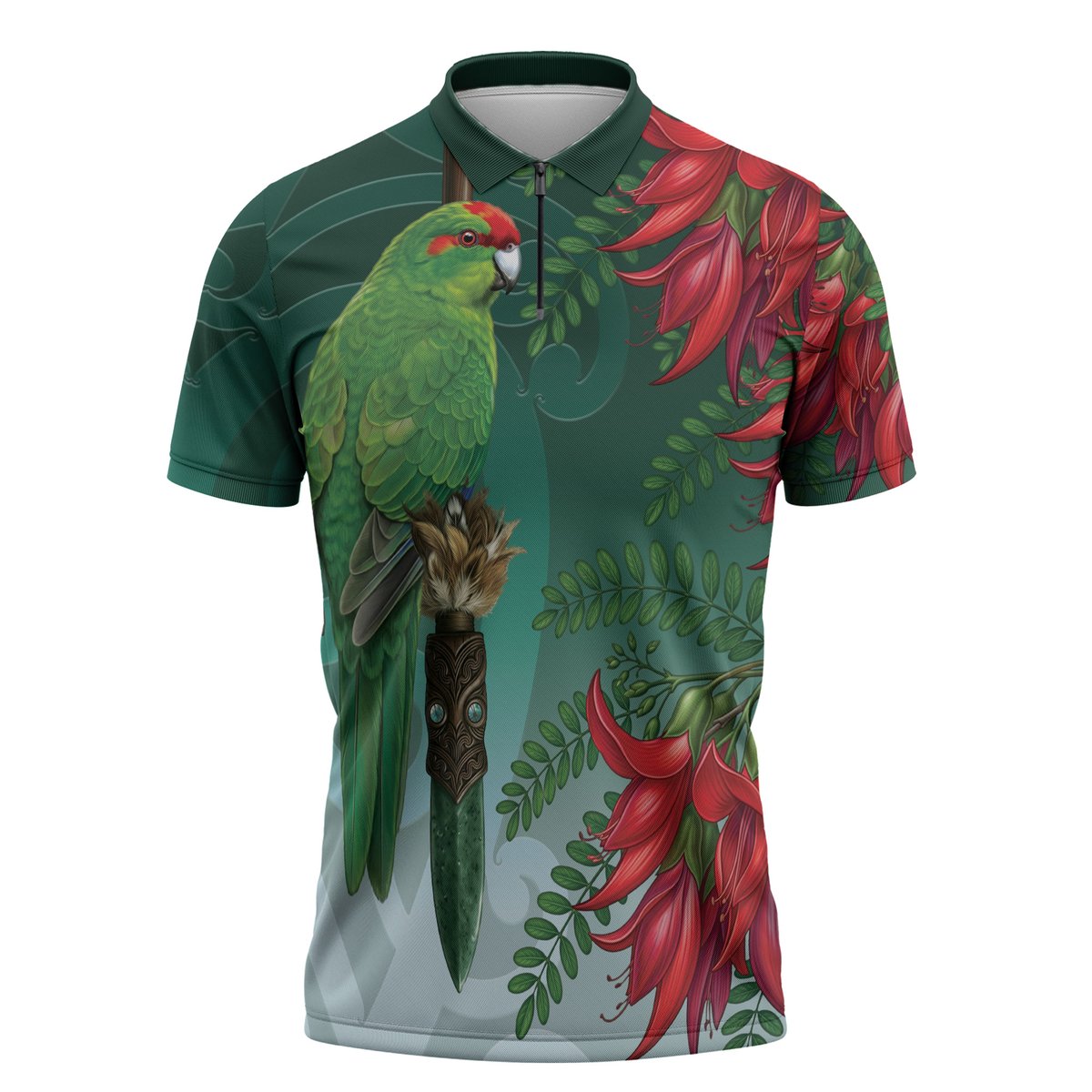 New Zealand Parakeet Bird Zipper Polo Shirt With Kakabeak Flowers