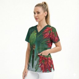New Zealand Parakeet Bird Scrub Top With Kakabeak Flowers