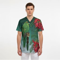 New Zealand Parakeet Bird Scrub Top With Kakabeak Flowers