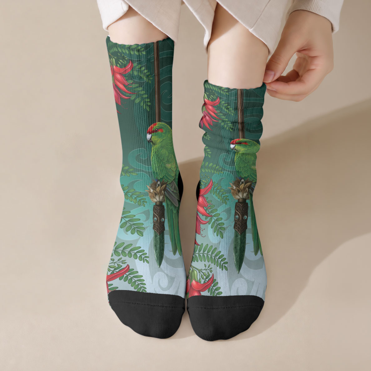 New Zealand Parakeet Bird Crew Socks With Kakabeak Flowers