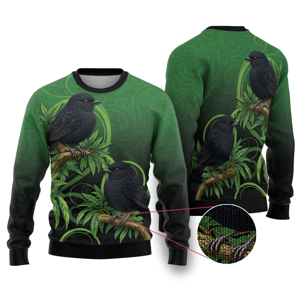 New Zealand Black Robin Ugly Christmas Sweater Karure Maori Koru Art Tattoo