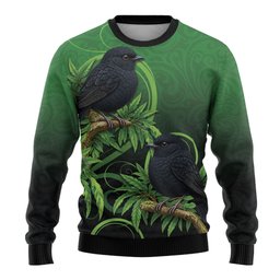 New Zealand Black Robin Ugly Christmas Sweater Karure Maori Koru Art Tattoo