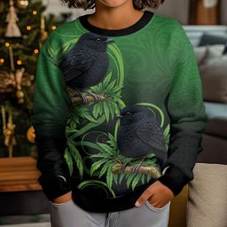 New Zealand Black Robin Kid Ugly Christmas Sweater Karure Maori Koru Art Tattoo