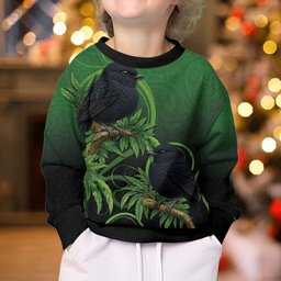 New Zealand Black Robin Kid Ugly Christmas Sweater Karure Maori Koru Art Tattoo