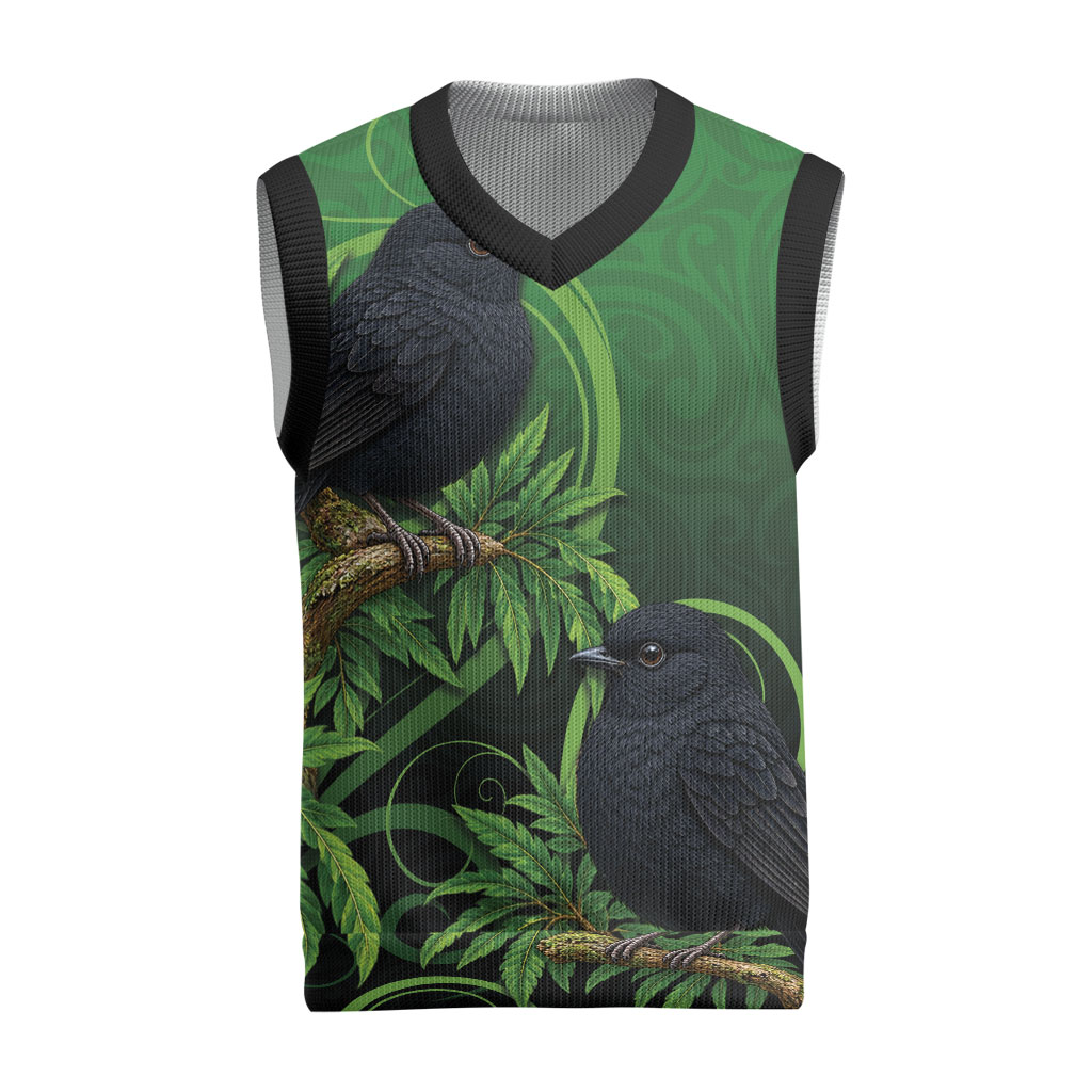 New Zealand Black Robin Christmas Knitted V-Neck Vest Karure Maori Koru Art Tattoo