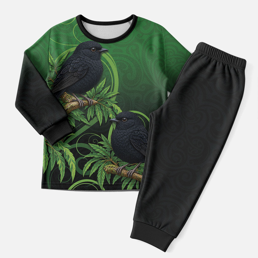 New Zealand Black Robin Christmas Pajama Set Karure Maori Koru Art Tattoo