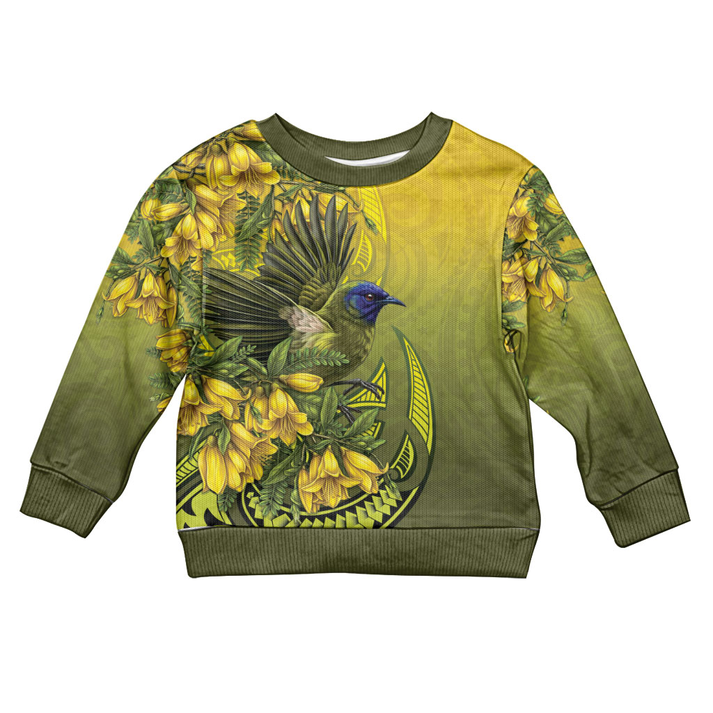 New Zealand Bellbird Kid Ugly Christmas Sweater With Kowhai Flowers