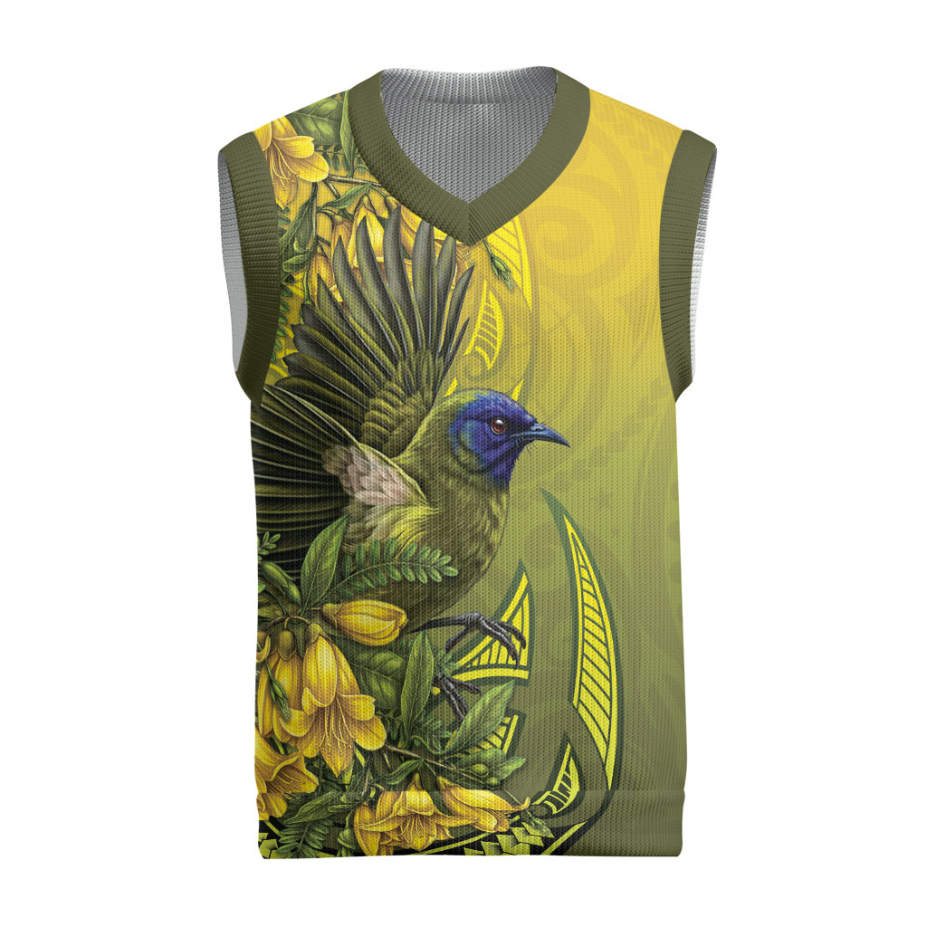 New Zealand Bellbird Christmas Knitted V-Neck Vest With Kowhai Flowers
