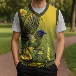 New Zealand Bellbird Christmas Knitted V-Neck Vest With Kowhai Flowers