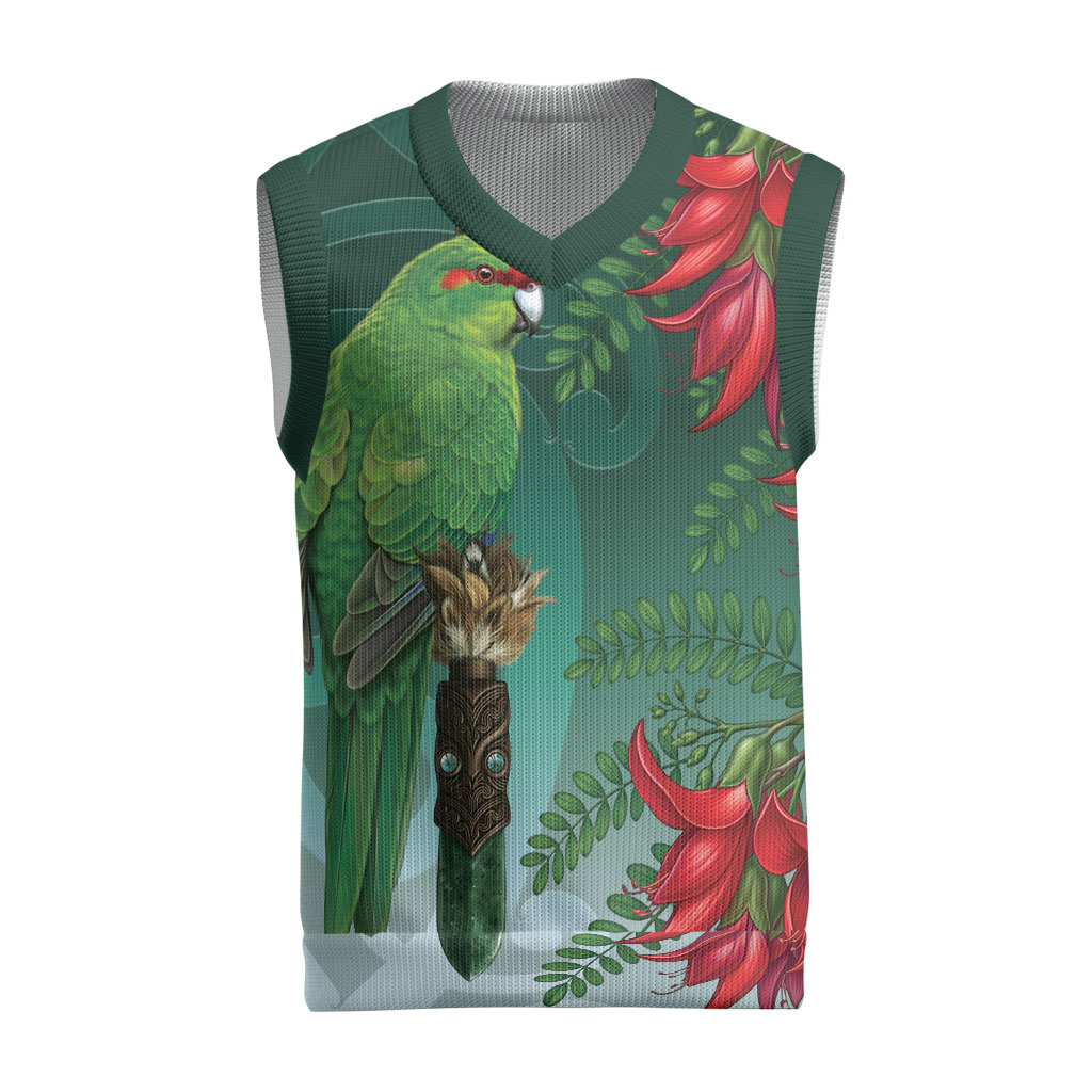 New Zealand Parakeet Bird Christmas Knitted V-Neck Vest With Kakabeak Flowers