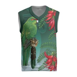 New Zealand Parakeet Bird Christmas Knitted V-Neck Vest With Kakabeak Flowers